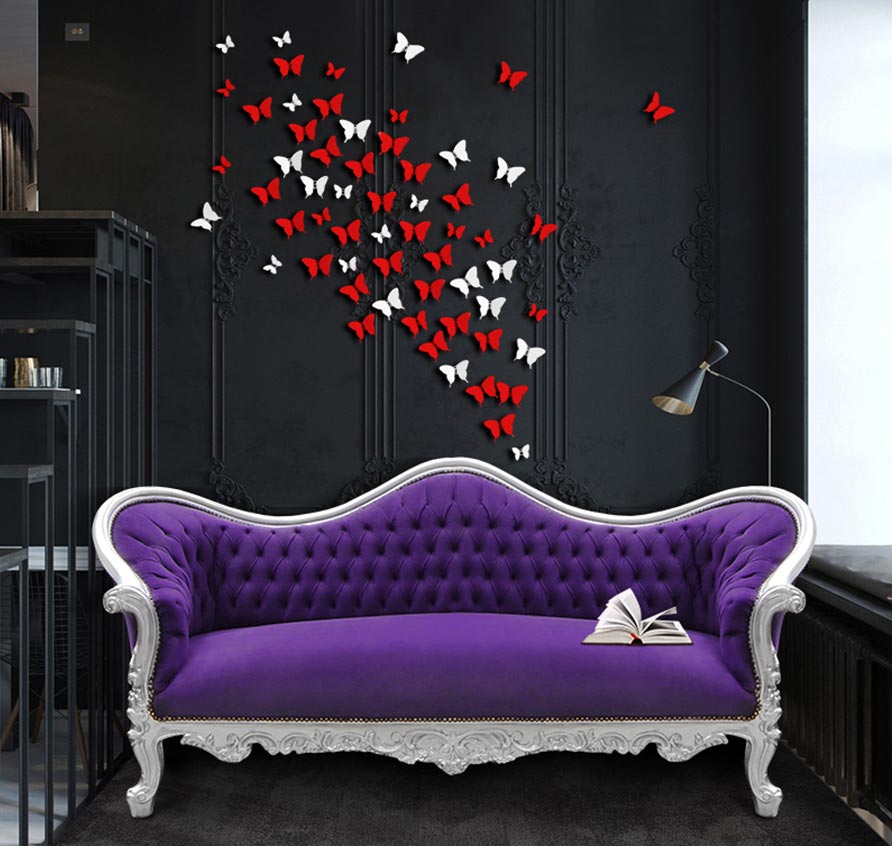 Wall composition of butterflies and baroque sofa Napoleon III mauve velvet and silver wood Royal Art Palace